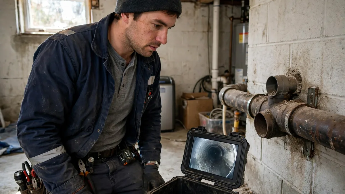A sewer technician studying a camera monitor beside an old cast iron sewer pipe in a basement