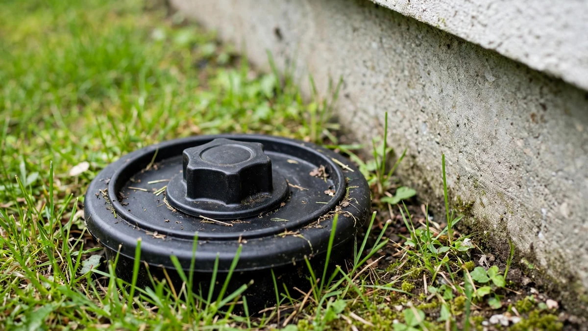 Outdoor sewer cleanout cap in a lawn beside a house foundation