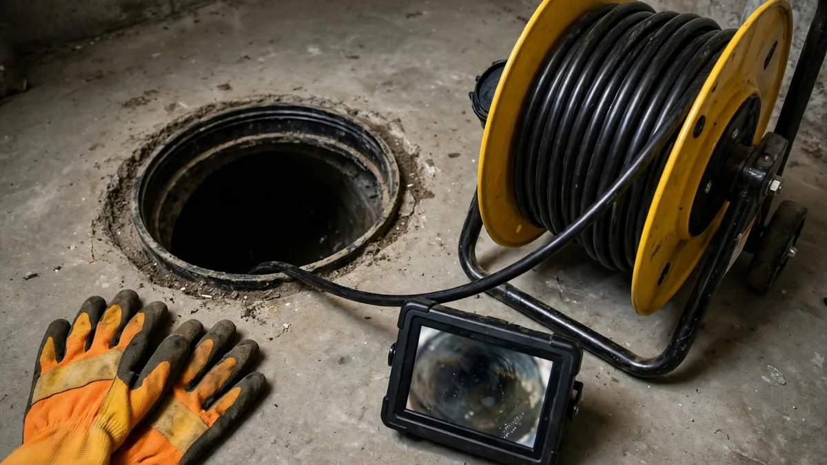 Sewer camera reel, monitor, and work gloves beside an open basement cleanout