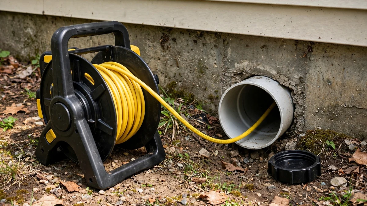 Push rod camera reel feeding a cable into a cleanout pipe beside a house