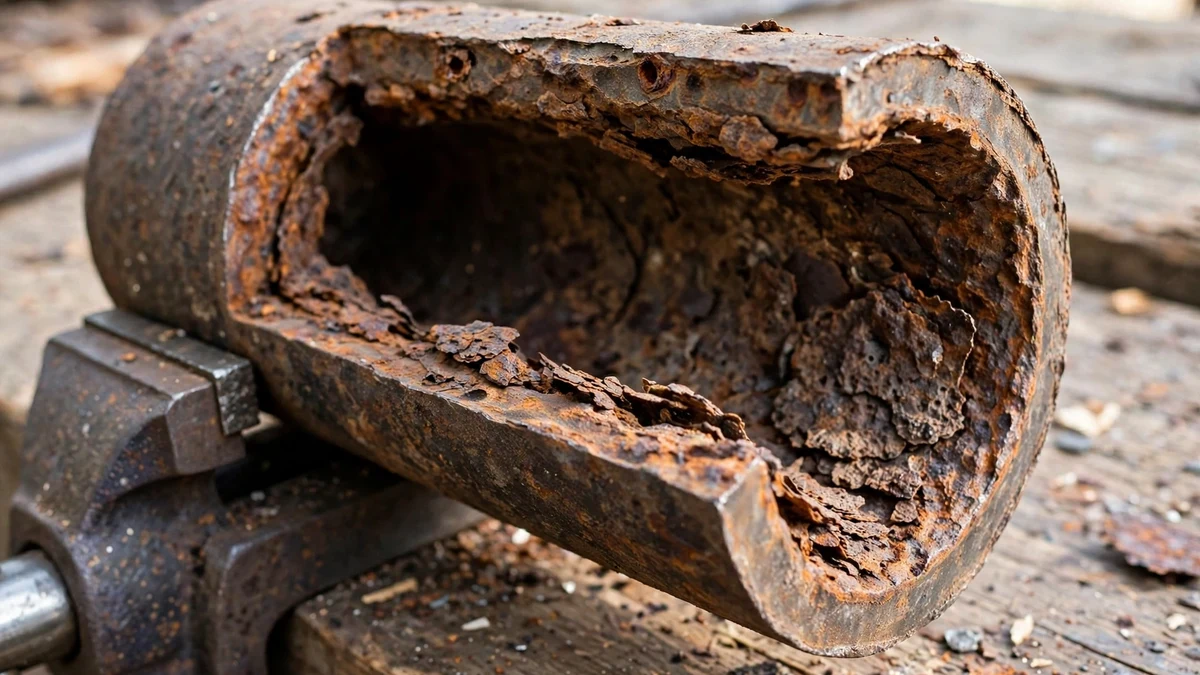 Cut section of corroded cast iron pipe showing a scaled interior