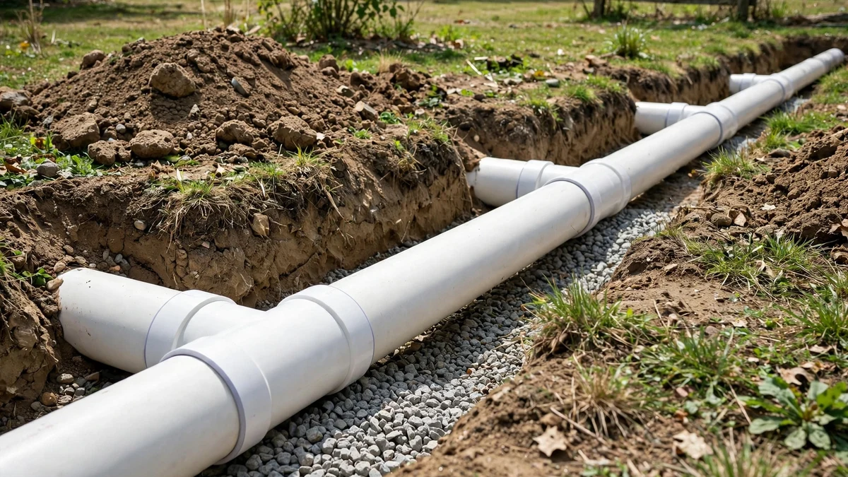 New white PVC sewer pipe with joints laid in a trench