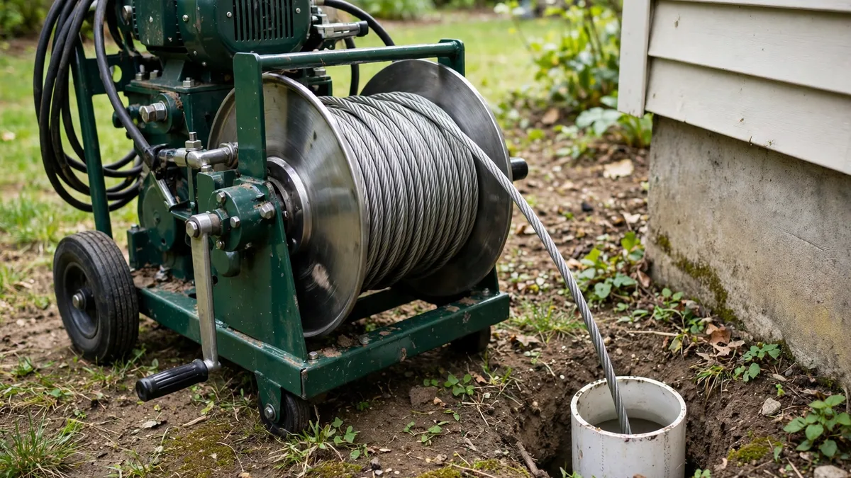Drain cleaning machine with a coiled cable feeding into an outdoor sewer cleanout beside a house