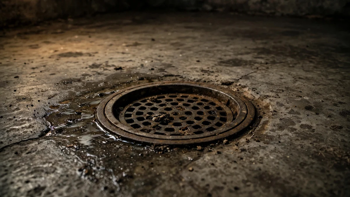 Basement floor drain with standing water on a concrete floor
