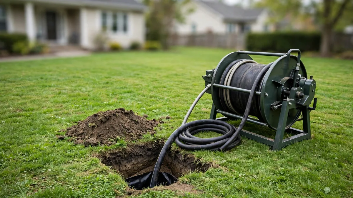 Trenchless lining hose reel beside a small access pit in a lawn, with most of the grass intact