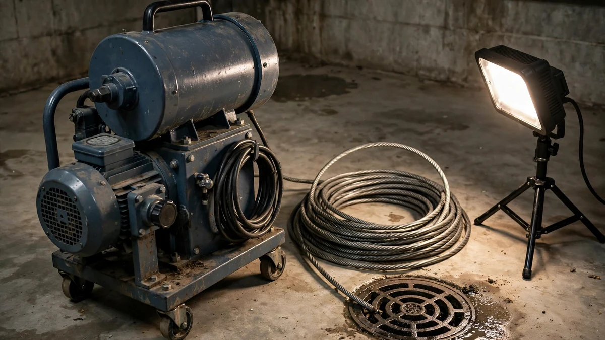 Drain snake machine with coiled cable beside a basement floor drain