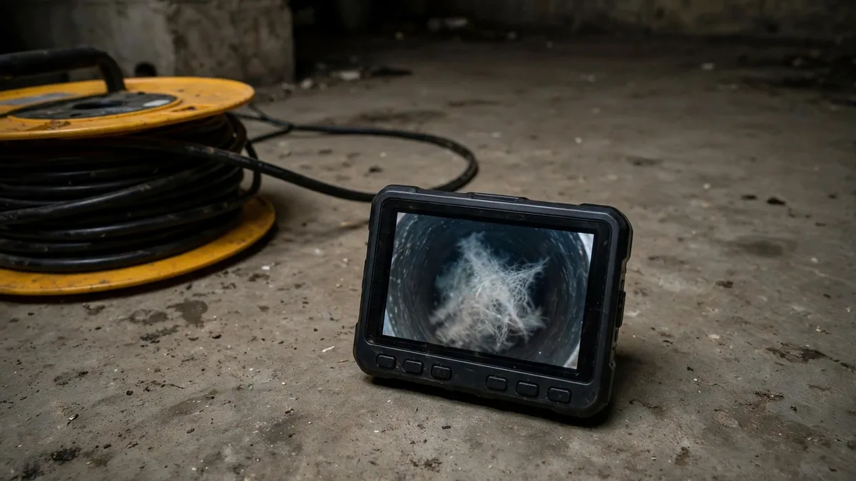 Sewer camera monitor showing a pale fibrous mass inside a dark pipe