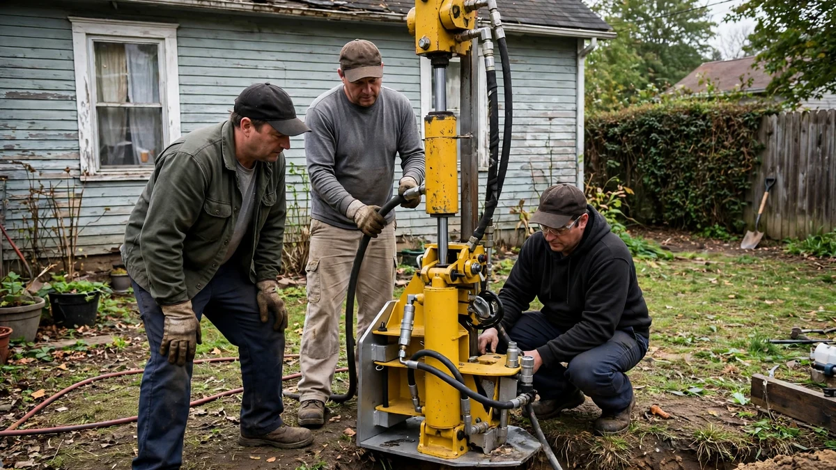 Workers operating a pipe bursting puller in a residential yard beside an old house
