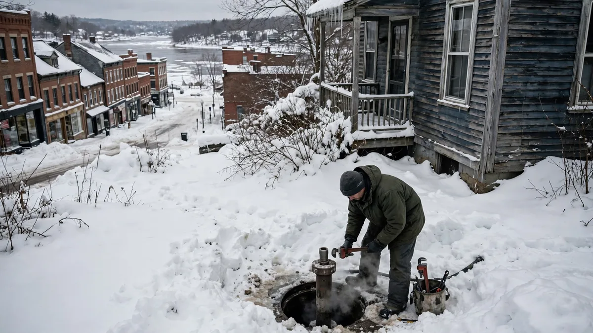 Technician working at a sewer cleanout in deep snow beside an old house above a river city street in Bangor, Maine