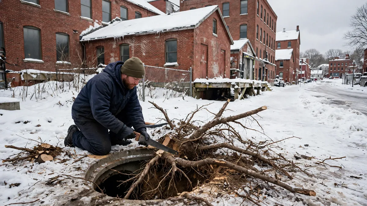 Worker cutting tree roots from an open sewer pipe in snow near red brick mill buildings in Biddeford, Maine