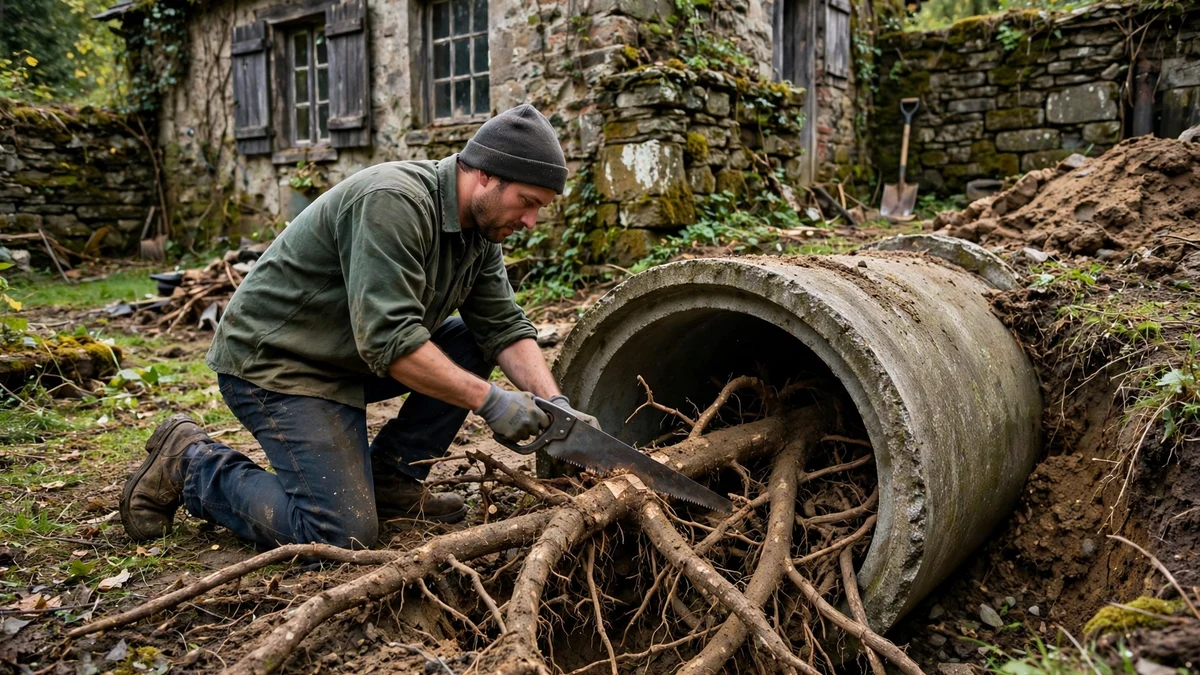 Worker cutting tree roots from a large sewer pipe section in a yard of an old house