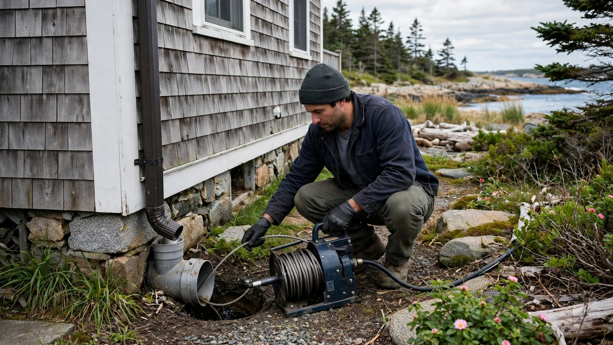 Technician cleaning a sewer line with a drain snake at a coastal Maine house