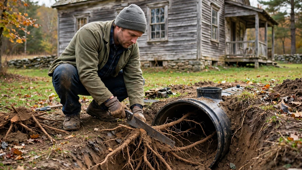 Worker cutting roots from a sewer pipe in a yard in front of an old farmhouse