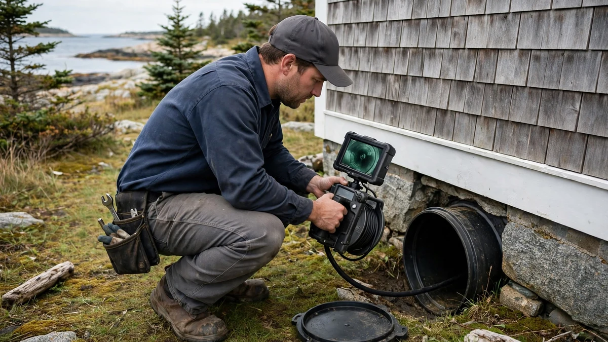 Technician inspecting a sewer cleanout with a camera at a coastal Maine house