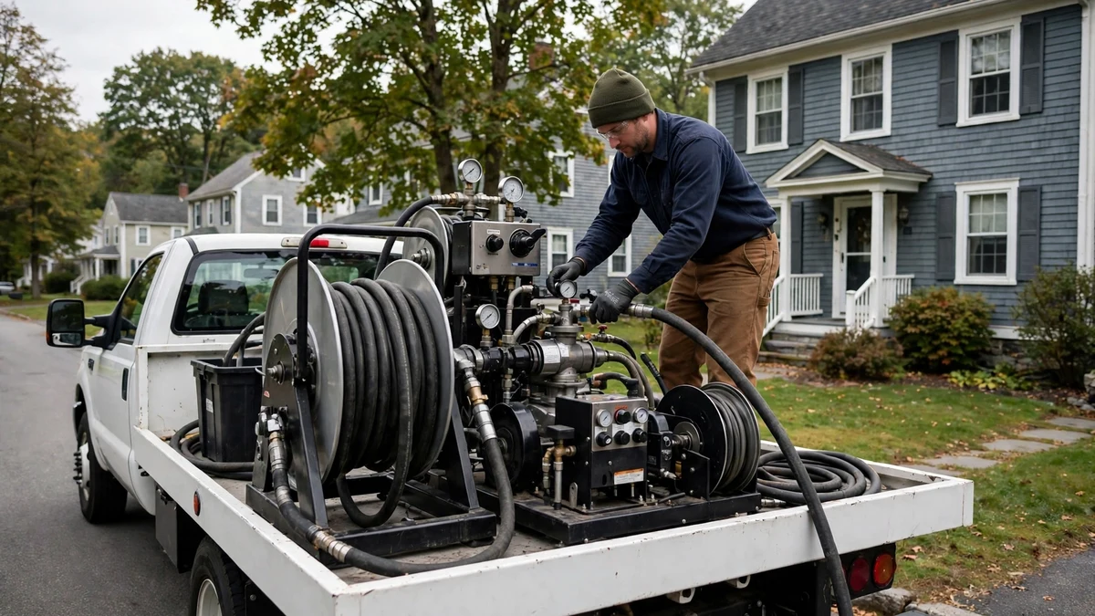 Technician operating a jetter unit from a truck beside a suburban Maine house