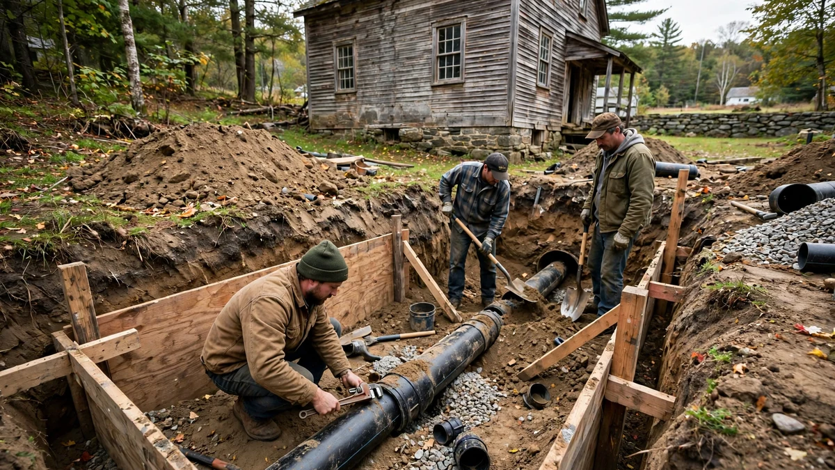 Workers replacing a sewer lateral in a trench beside an old mill house in Maine