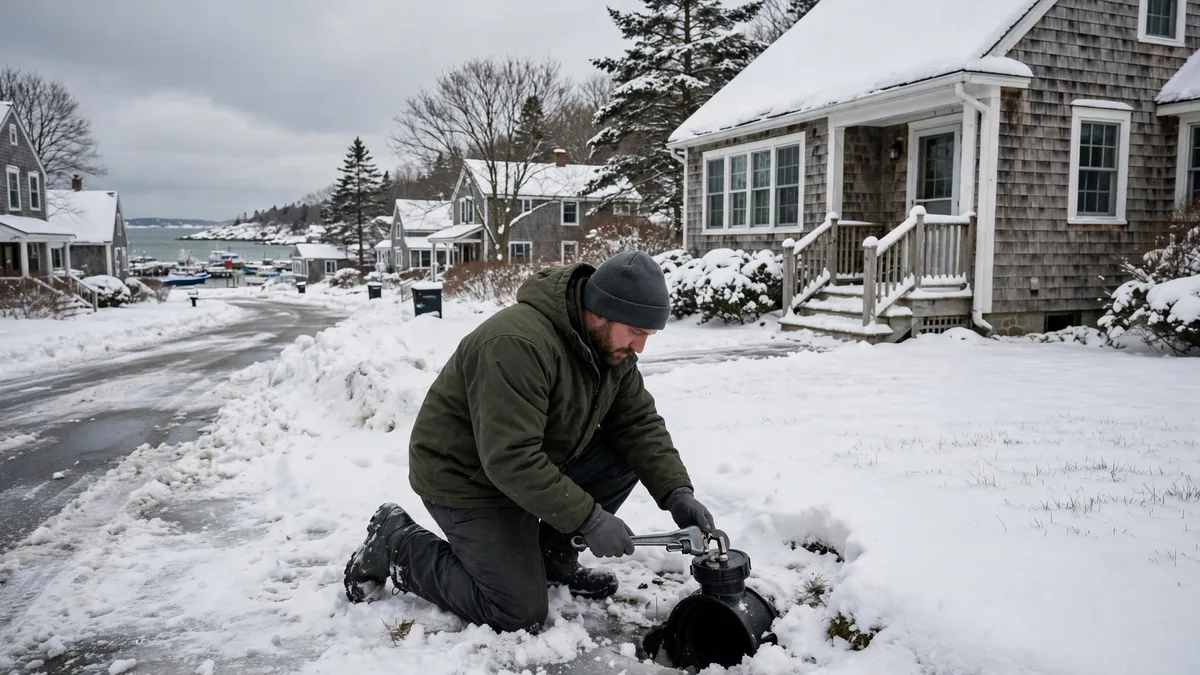 Technician working at a sewer cleanout in snow beside a shingle-sided coastal home in South Portland, Maine