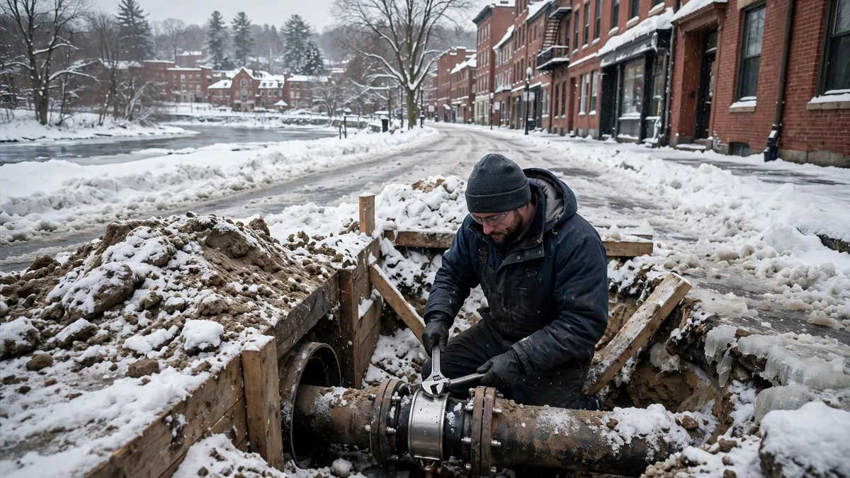 Technician fitting a repair coupling on an old sewer pipe in a snowy trench beside a river street in Waterville, Maine