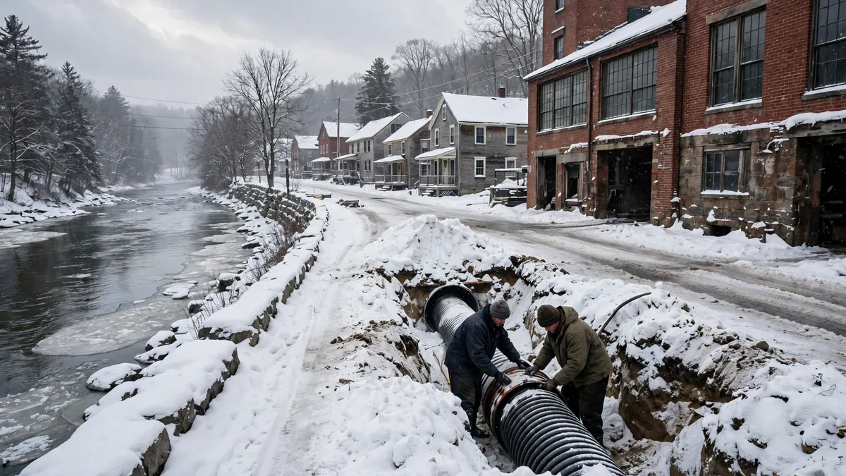 Workers fitting a large sewer pipe in a snowy trench beside a river in Westbrook, Maine