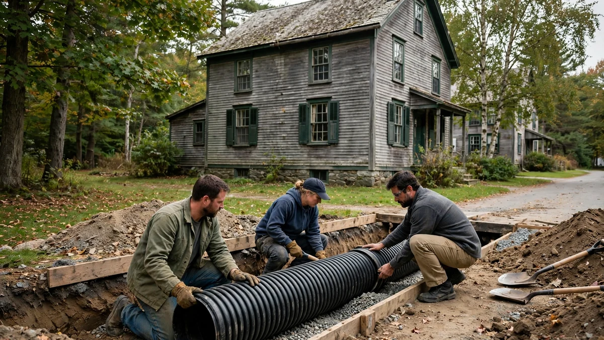 Workers fitting a large corrugated sewer pipe in a trench in front of an old Maine house