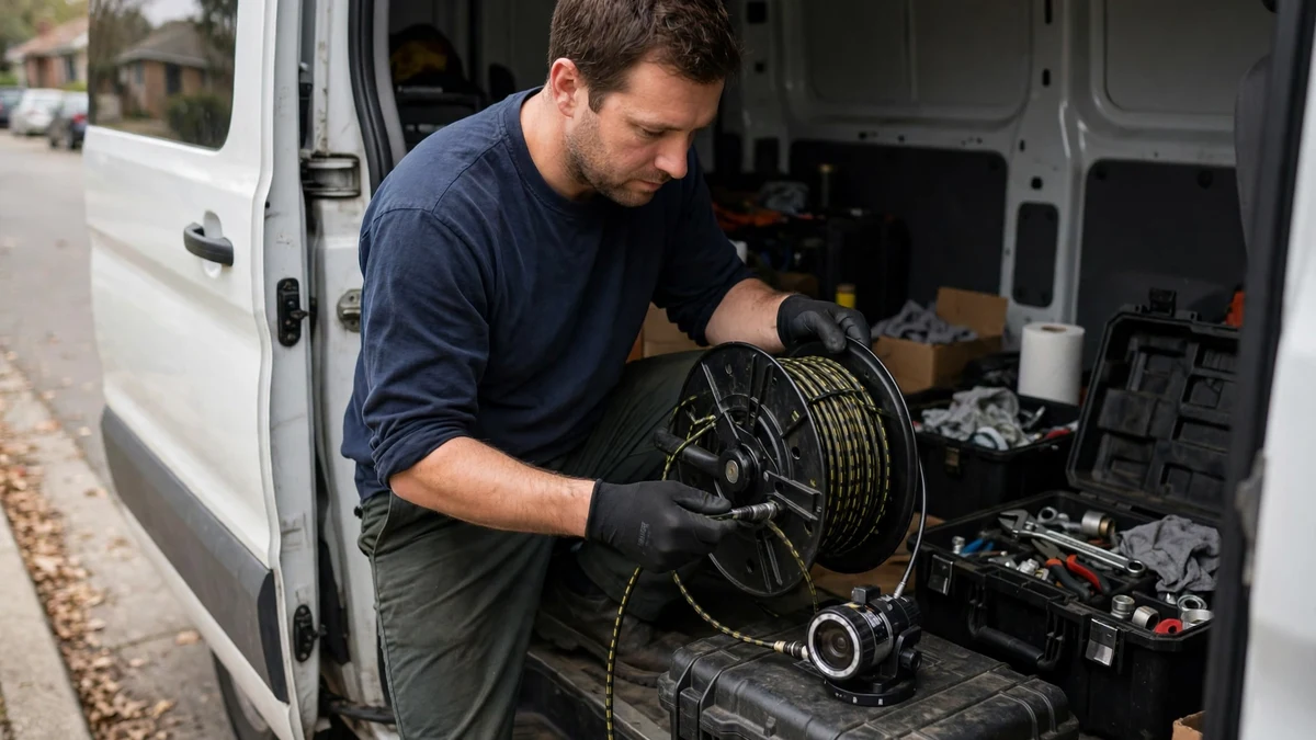 Sewer technician preparing camera inspection equipment