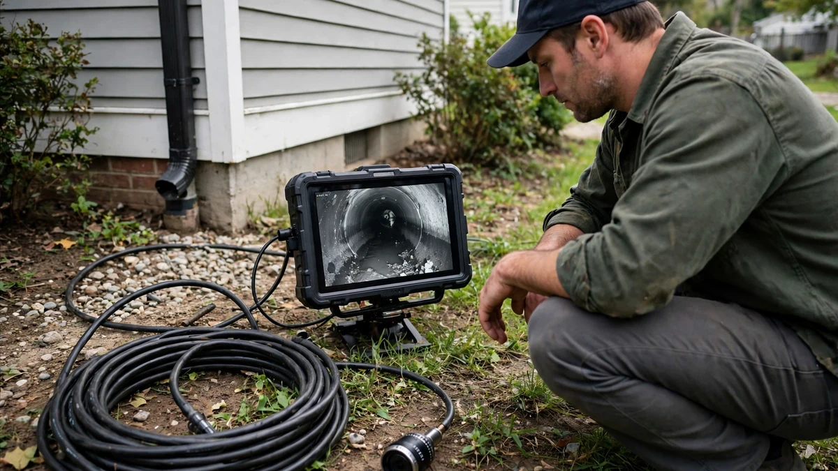 Technician watching sewer camera footage on a monitor beside a home