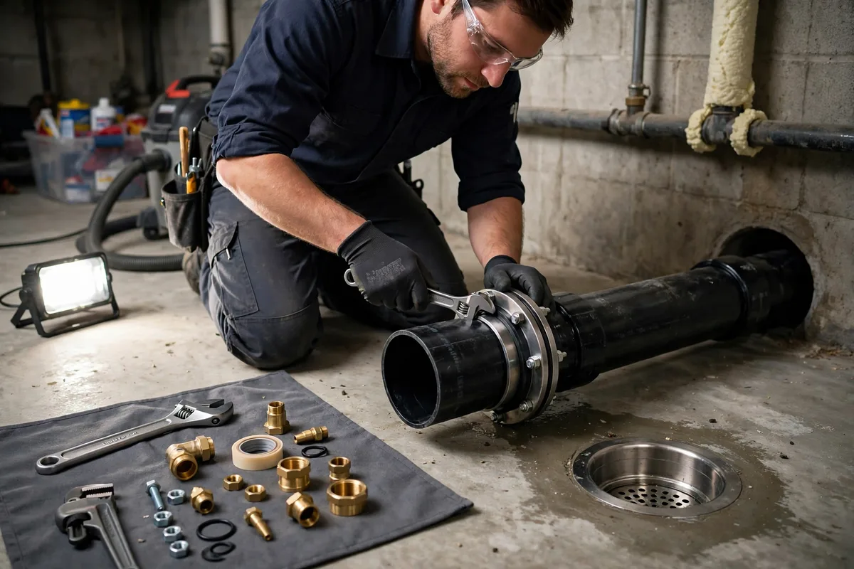 Technician fitting a backwater valve into a basement sewer pipe