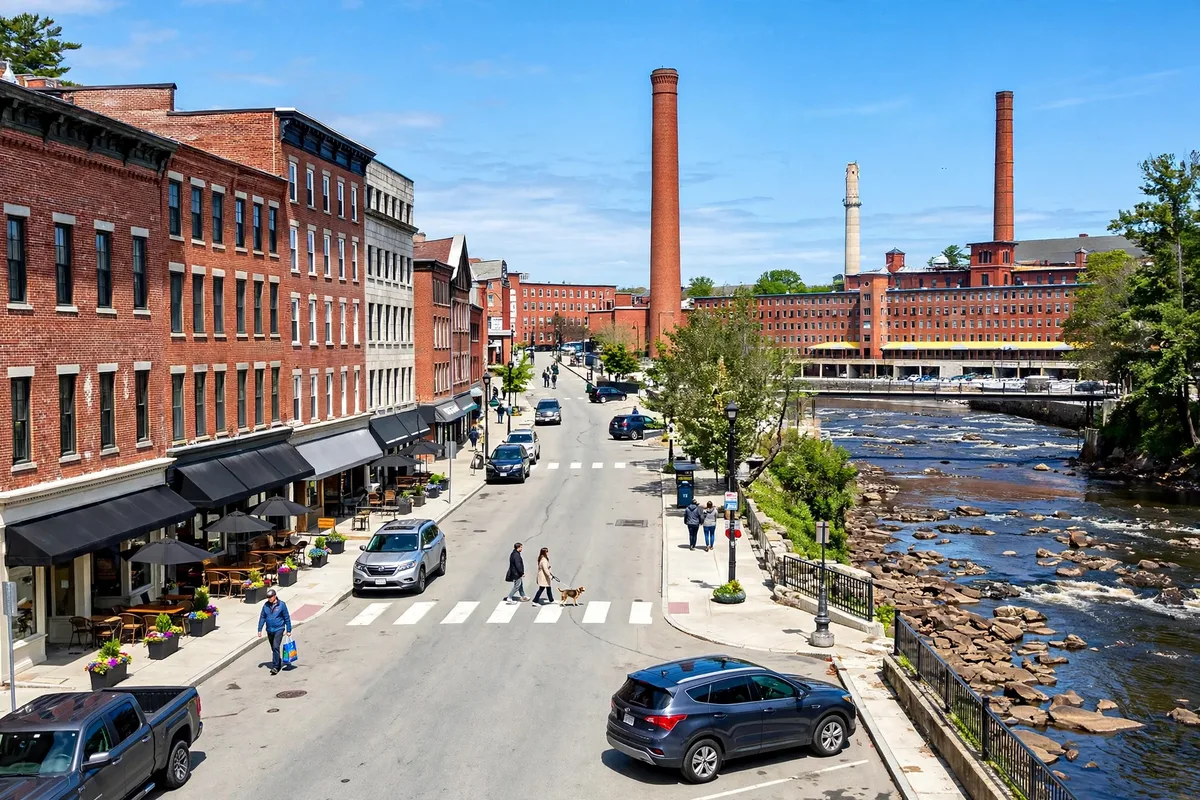 Mill buildings along the Saco River in Biddeford, Maine