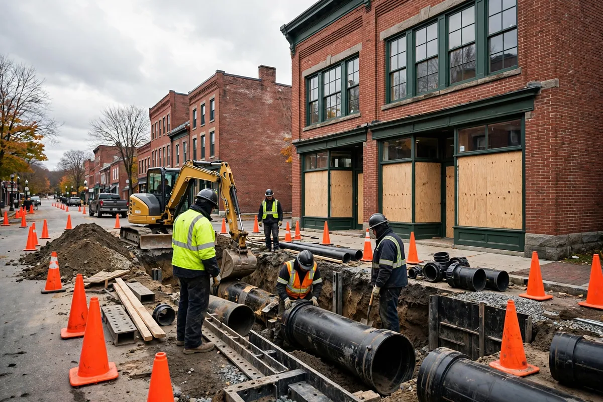 Commercial sewer line work outside a brick building in Maine