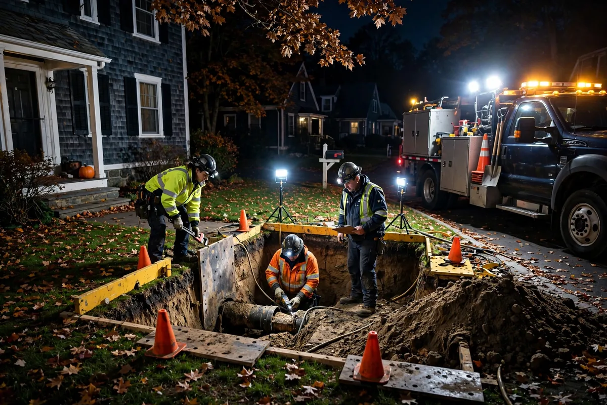 Emergency sewer repair crew working at a Maine home at night