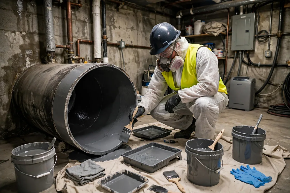 Technician applying epoxy coating to a sewer pipe in a basement