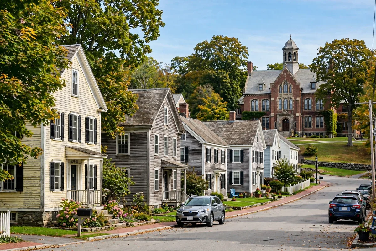 College town street with older homes in Gorham, Maine