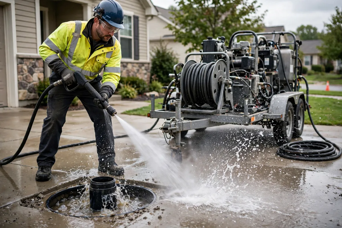 Technician hydro jetting a sewer cleanout beside a Maine home
