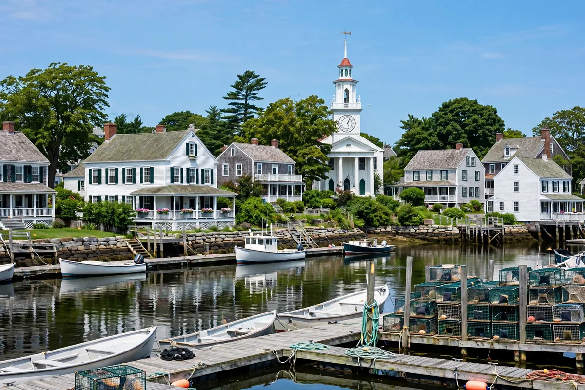 Harbor and historic homes in Kennebunk, Maine