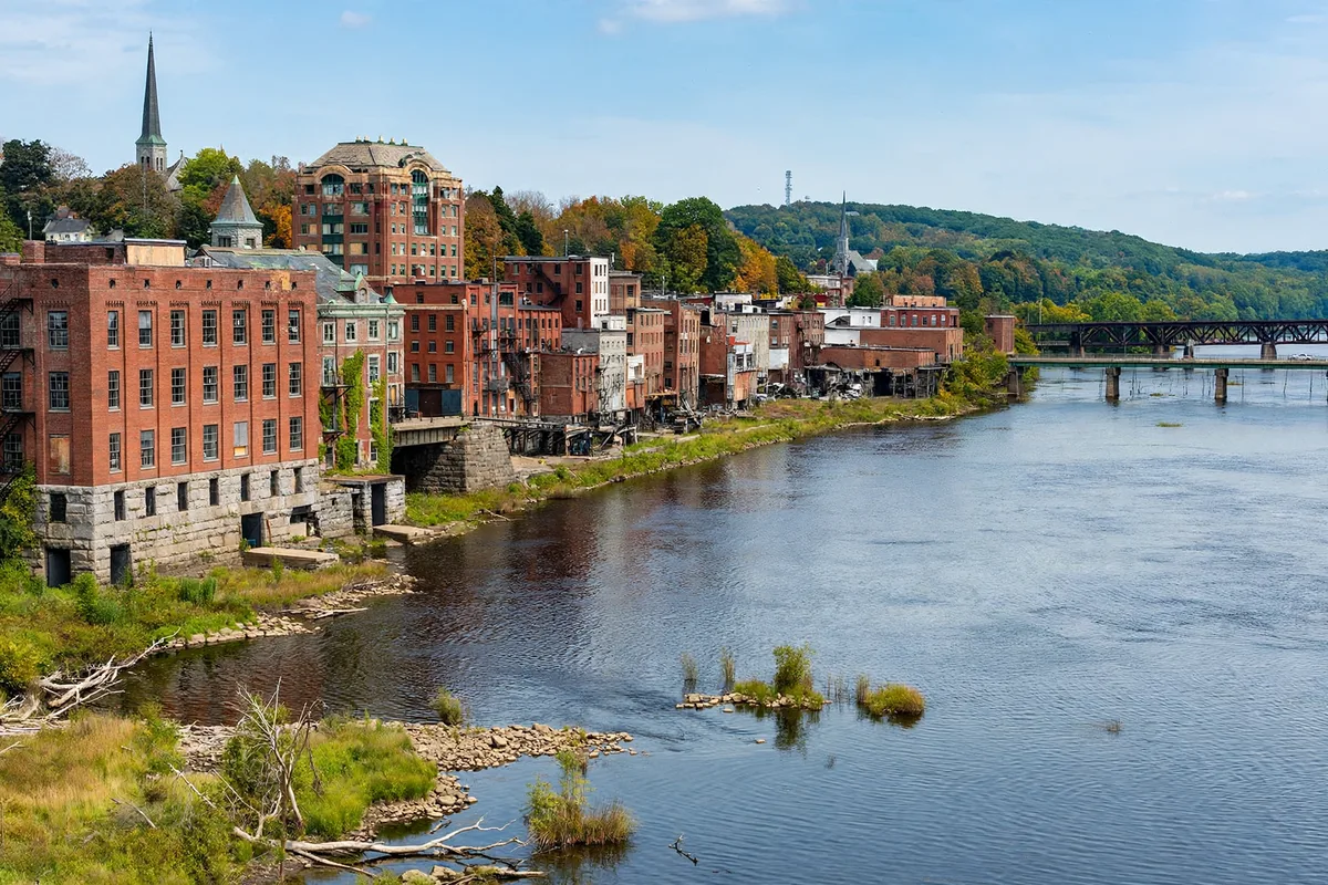 Mill buildings along the Androscoggin River in Lewiston, Maine