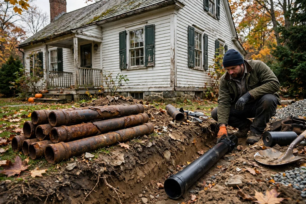 Old corroded cast iron pipe removed beside a Maine home