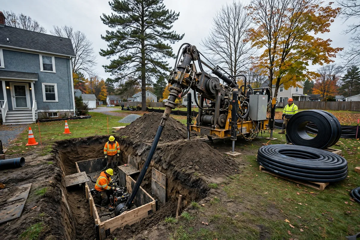 Pipe bursting equipment and a coil of new pipe at a Maine home