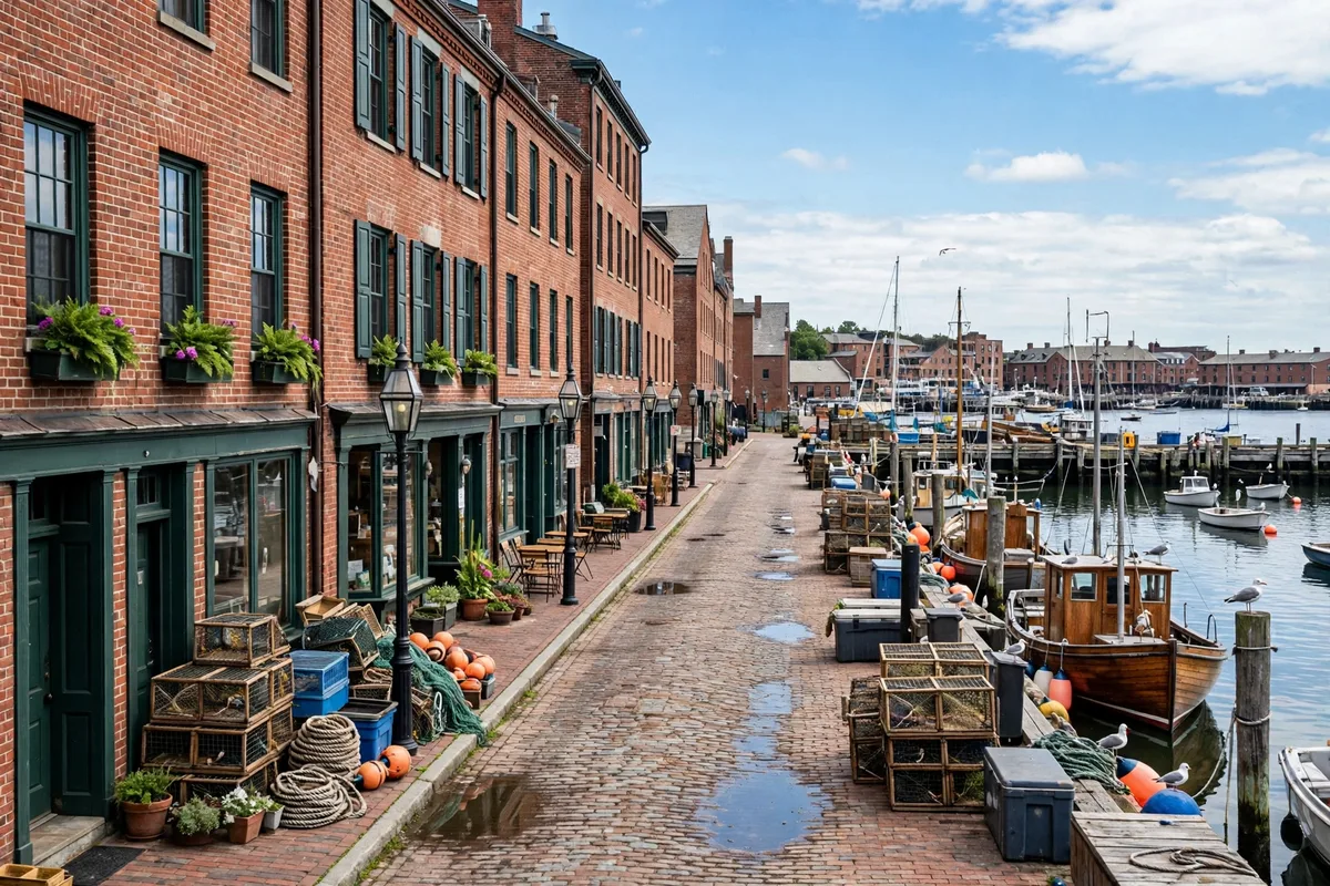 Old Port waterfront and brick streets in Portland, Maine