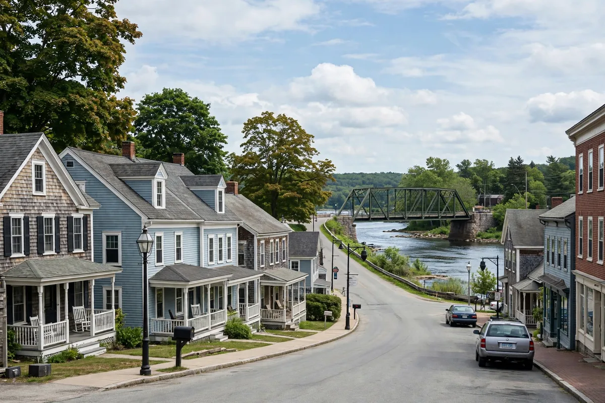 Main street and river bridge in Saco, Maine
