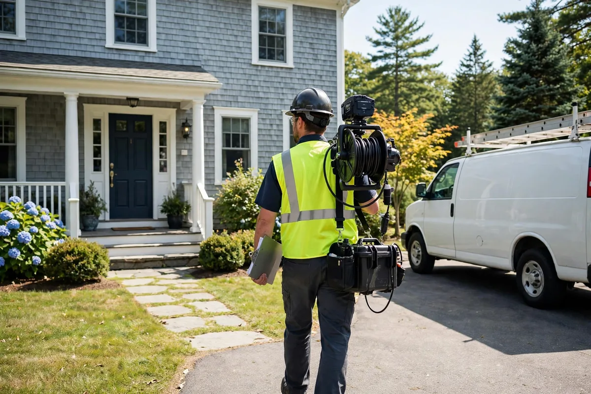 Technician arriving for a scheduled sewer inspection at a Maine home