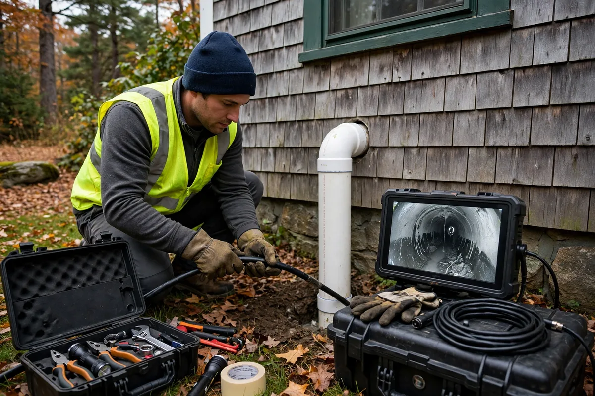 Technician running a sewer camera into a cleanout beside a Maine home