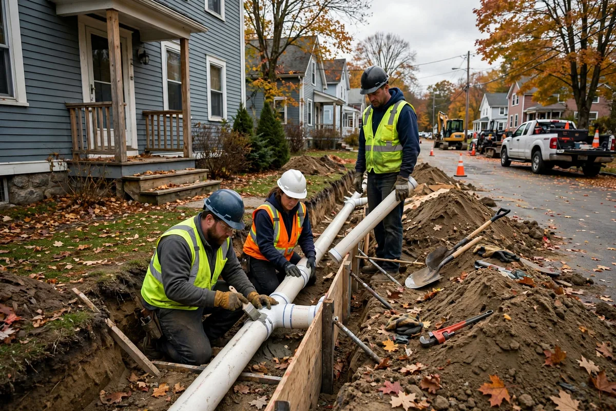 New sewer lateral pipe laid in a trench from a house toward the street