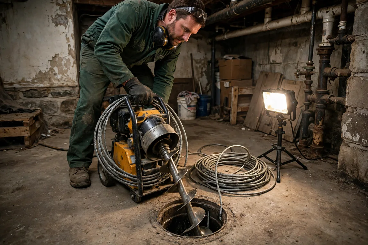 Technician cleaning a basement floor drain with a drain machine