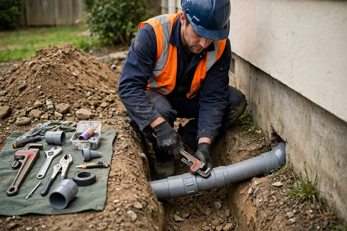 Technician replacing one short section of sewer pipe beside a house