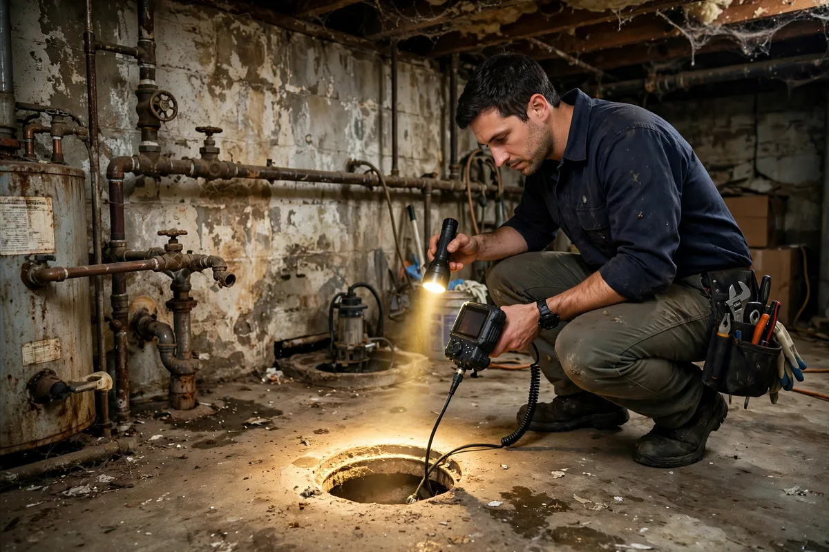 Technician tracing a sewer odor at a basement floor drain