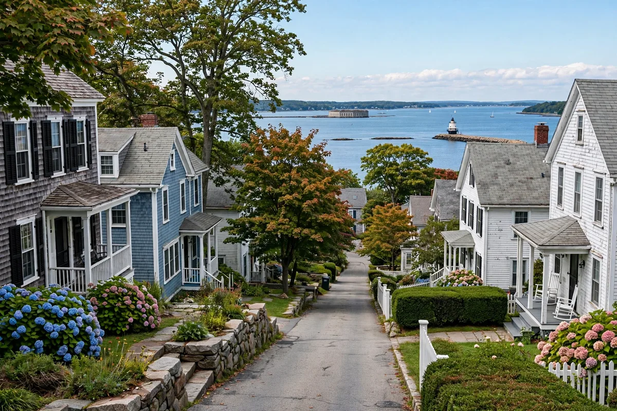 Coastal street in South Portland, Maine, with Casco Bay beyond