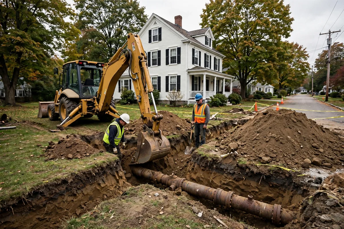 Backhoe excavating a sewer trench in a Maine front yard