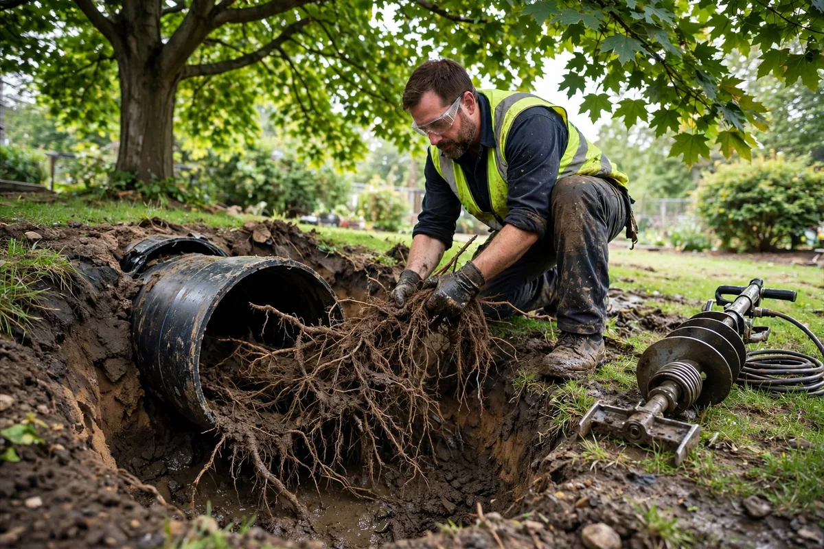 Tree roots pulled from an open sewer pipe in a Maine yard