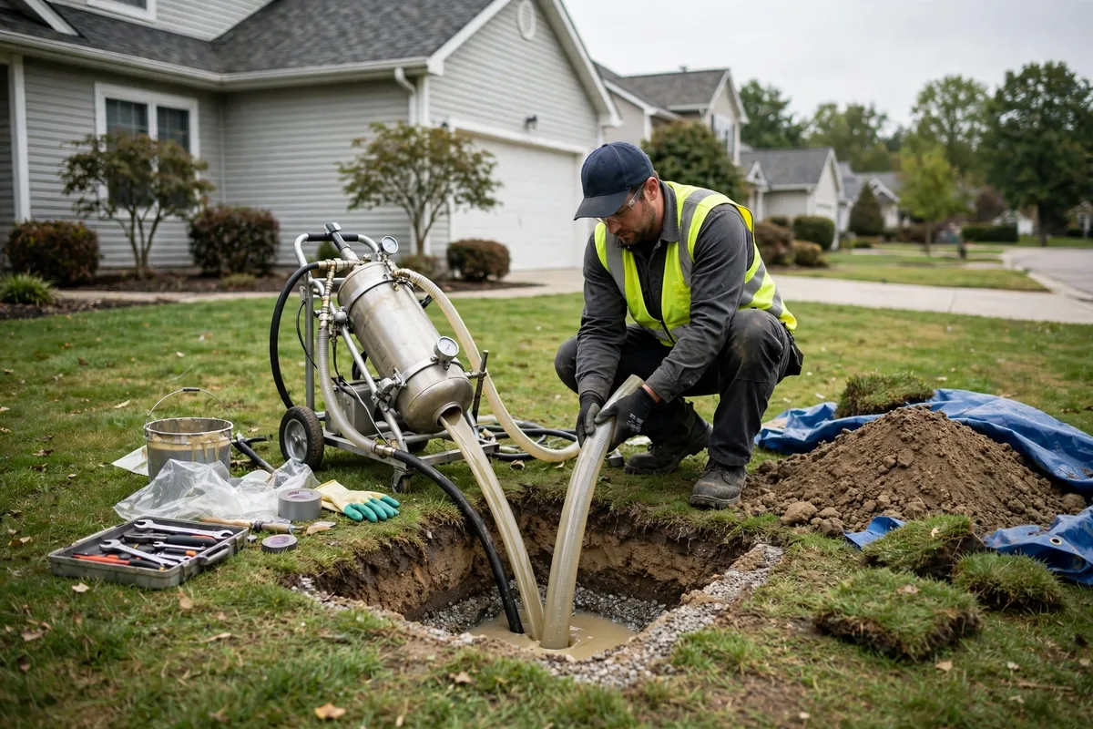 Trenchless pipe lining equipment at a small access pit in a Maine lawn
