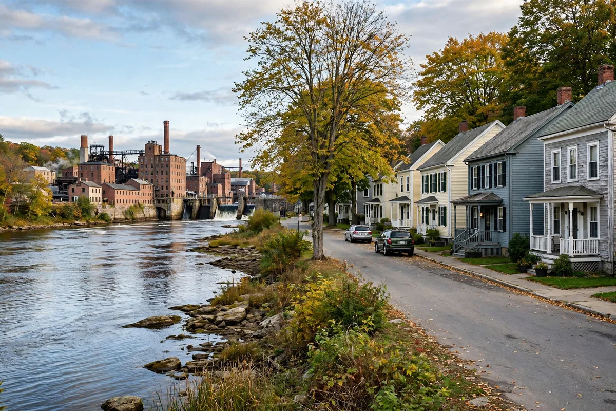 Mill town street along the Presumpscot River in Westbrook, Maine